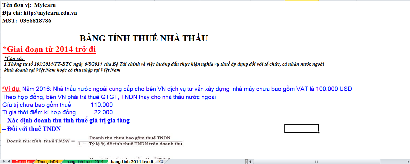 File excel tính thuế nhà thầu tự động